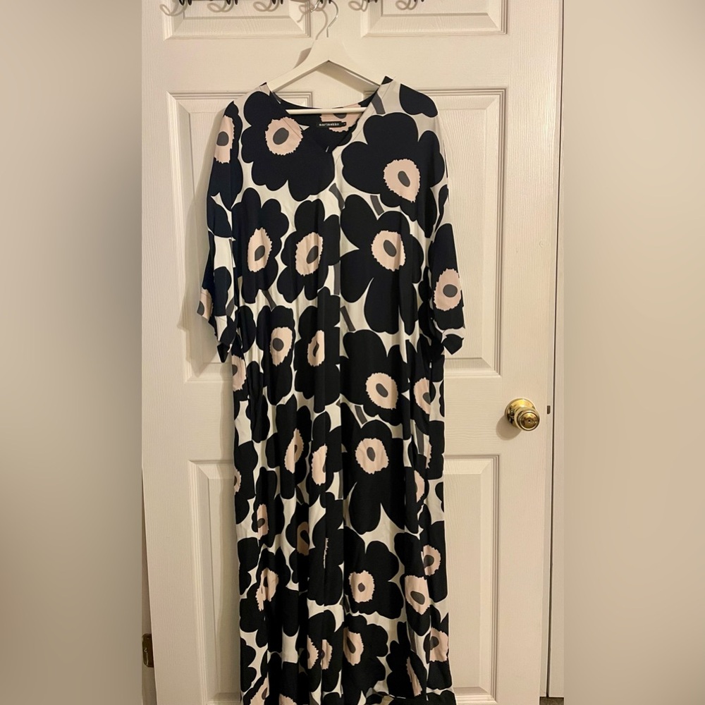 Marimekko blue and Cream, light pink floral Maxi Dress size M